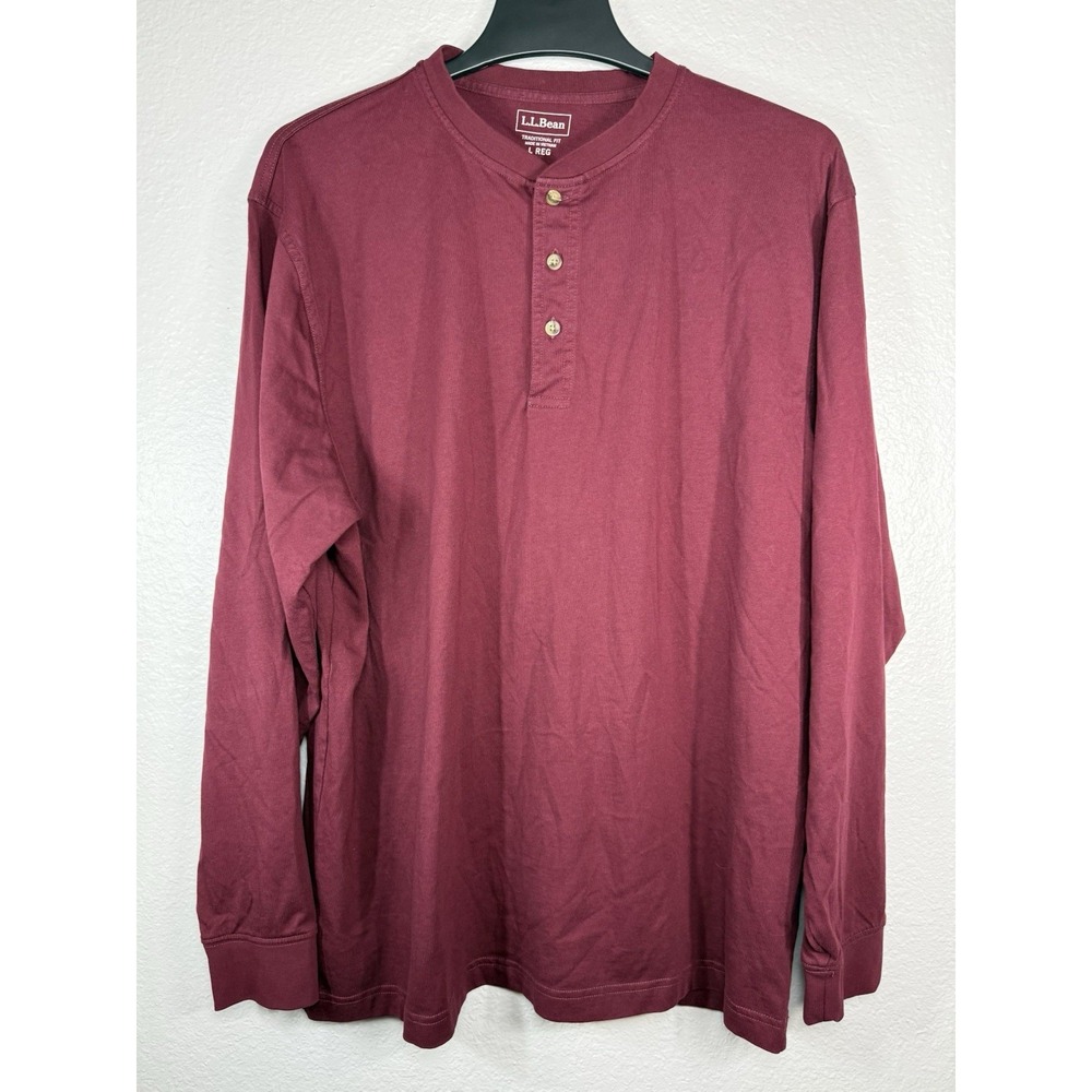LL Bean Men's Henley Shirt L Burgundy Maroon Cotton Long Sleeve Traditional